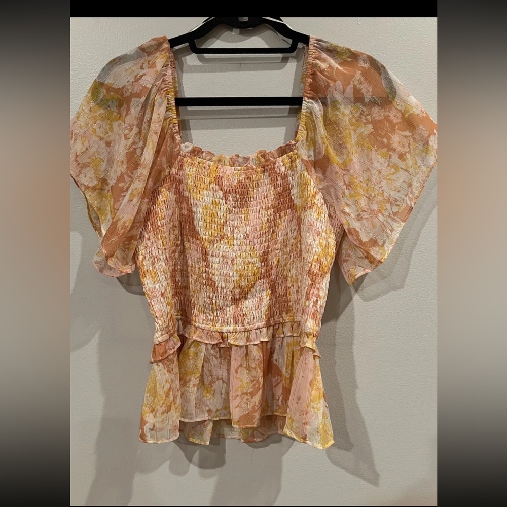NWT Mittoshop Women's Orange Yellow Top Blouse Balloon Sleeve Medium - Picture 2 of 2